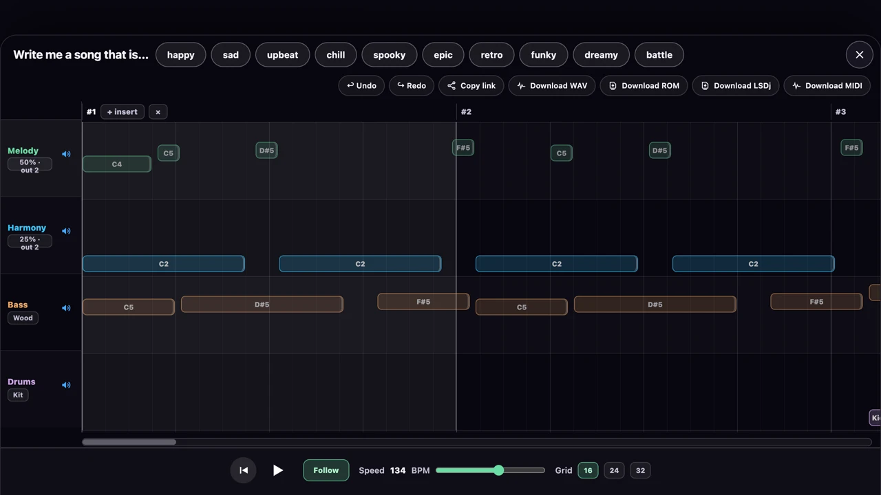 Actual Chiptunes tracker showing the agent-generated score across Melody, Harmony, Bass and Drums