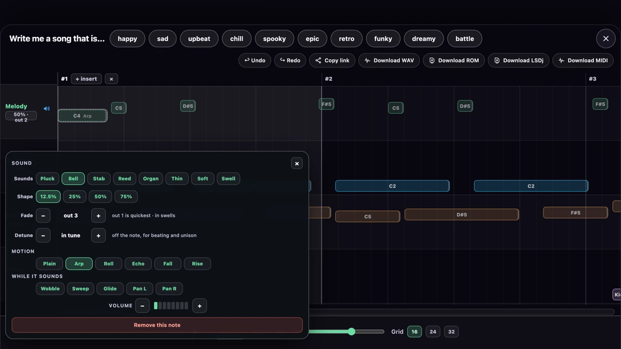 The first C4 note selected in the tracker, with Bell sound and Arp motion active