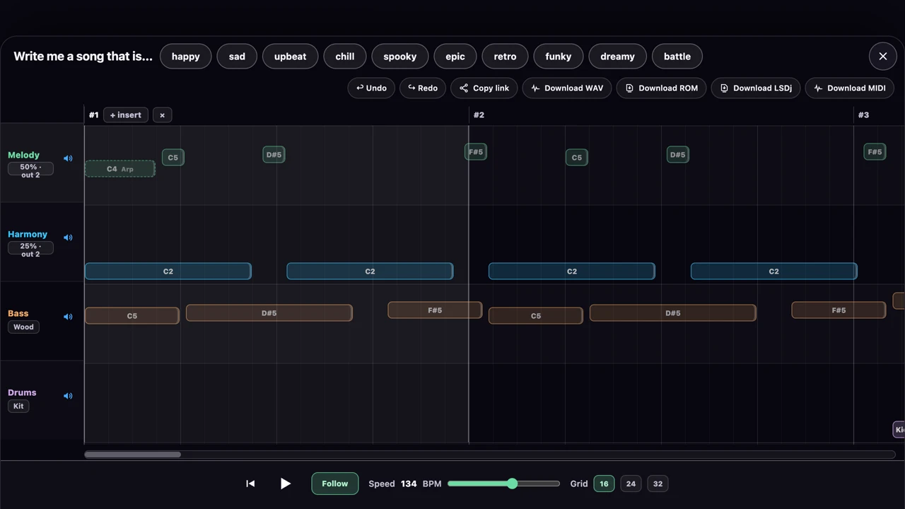 The edited C4 Arp note in the arrangement beside the tracker’s link, WAV, ROM, LSDj and MIDI export controls